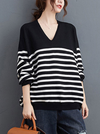 Casual Loose Black V-Neck Contrast Color Striped Long Sleeve Knit Sweater AN1035 Genistyle Shop