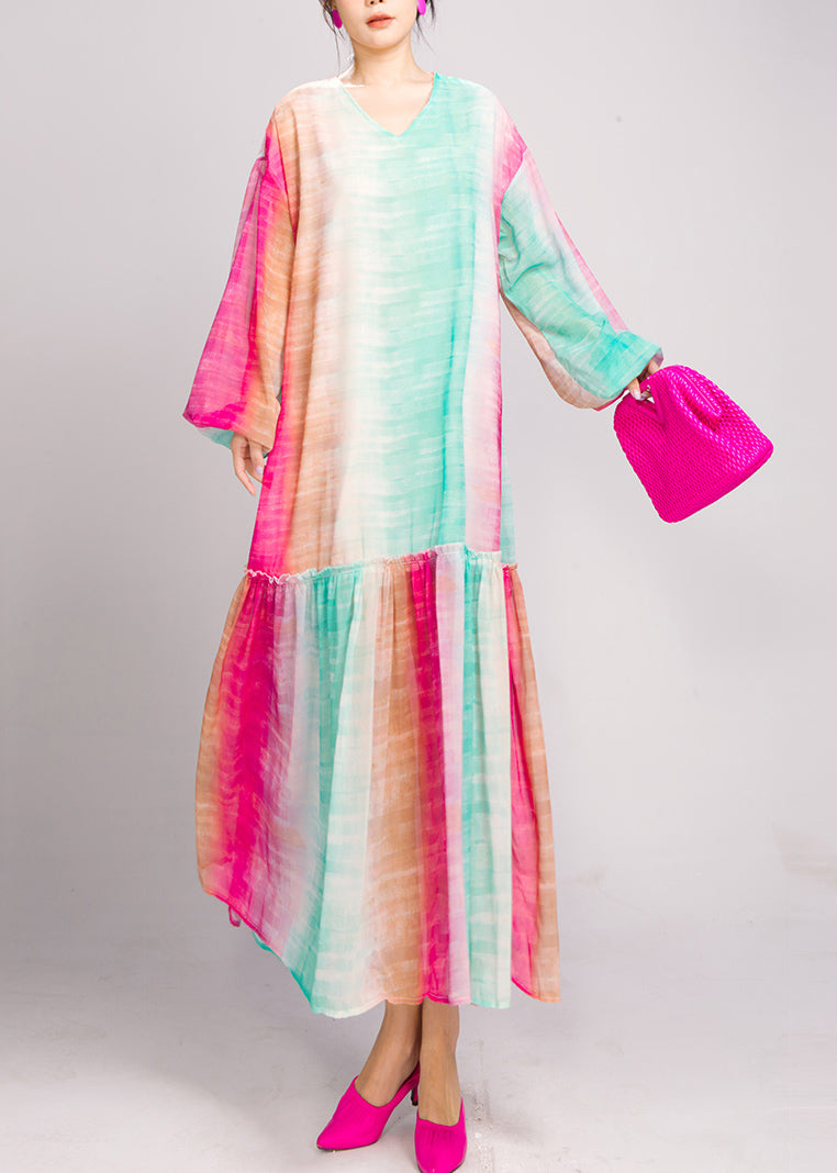 Loose Blue Purple Gradient Color Ruffled Patchwork Long Dresses Fall AO1026 JDML-FDL240909