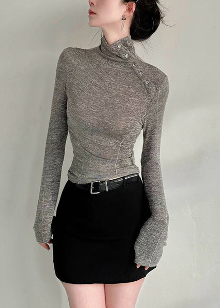 Stylish Grey Hign Neck Patchwork Cotton T Shirts Fall AN1002 Genistyle Shop