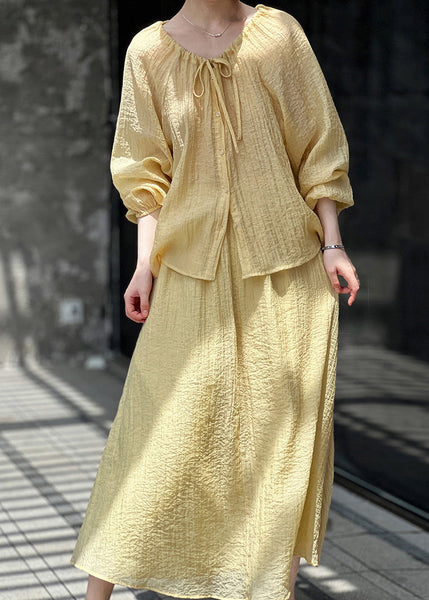 French Cotton Two And Up Pieces Set Skirts Yellow Tops Lace FashionChic