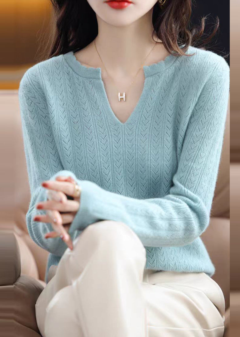 Simple White V Neck Ruffled Cotton Knit Sweaters Fall QP019 OL-NTP241001