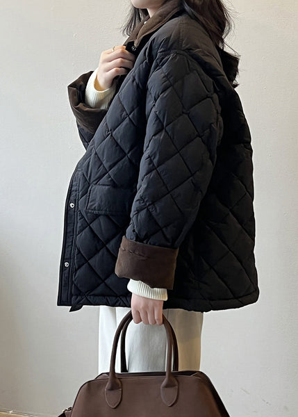 Black Pockets Corduroy Duck Down Puffer Coat Peter Pan Collar Winter AF1045 HS-DJK240914