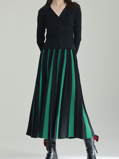 A-line Pleated Retro Skirt Knit Contrast White Color FashionChic