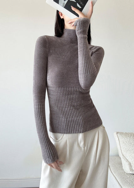 Slim Fit Brown Hign Neck Patchwork Knit Sweaters Winter RV039 ABC