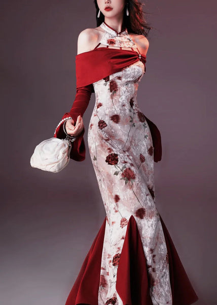 Velvet Print Patchwork Fishtail Chic Silk Red Flare Dresses FashionChic