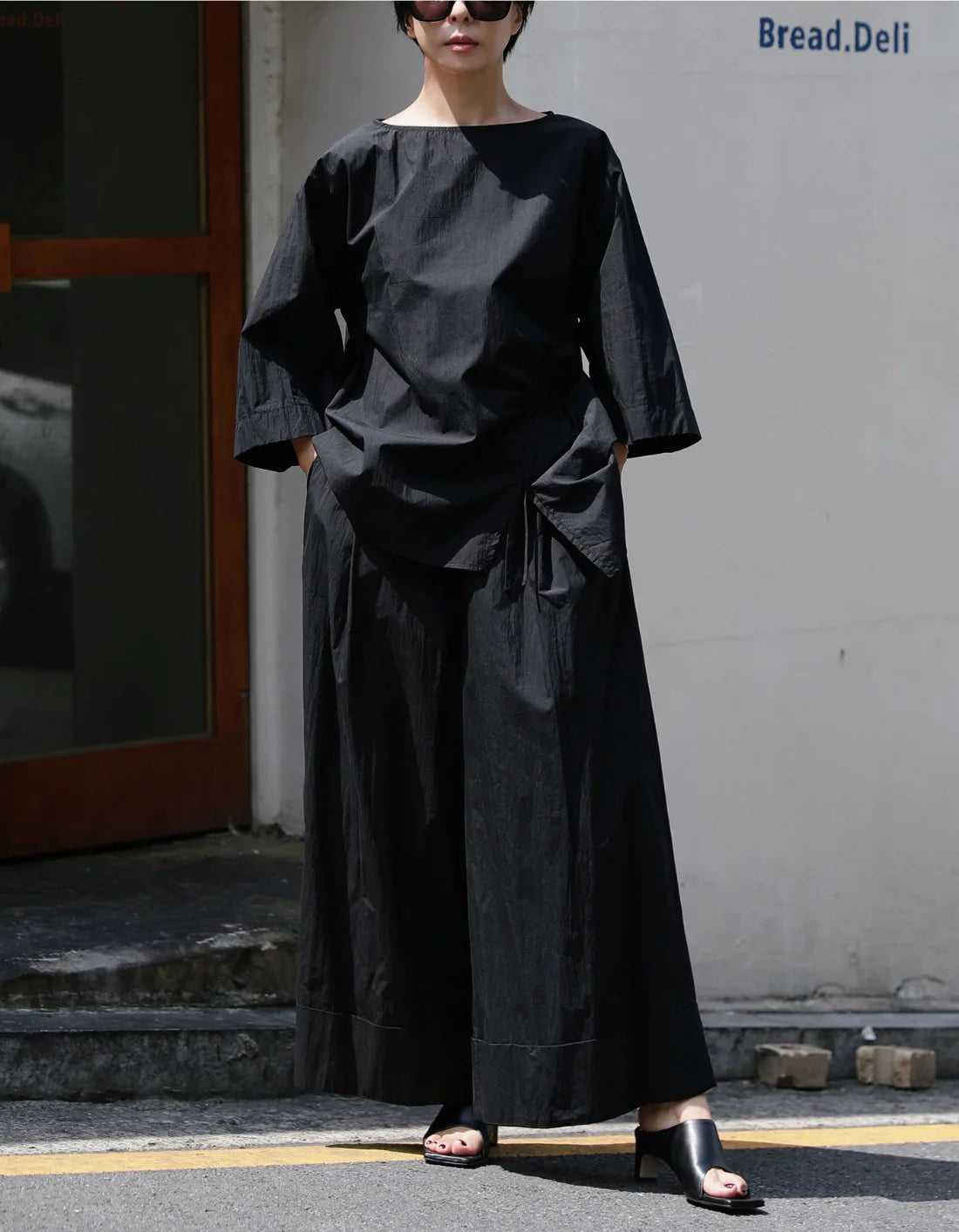 Casual Cotton Top Drawstring Sleeve Khaki Half Asymmetrical FashionChic