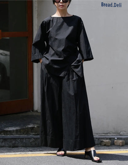 Casual Cotton Top Drawstring Sleeve Khaki Half Asymmetrical FashionChic