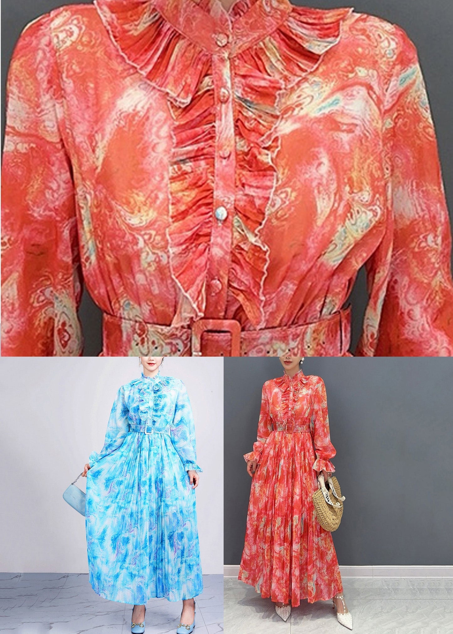 Fashion Red Stand Collar Print Sashes Chiffon Long Dress Long Sleeve AO1035 JDML-FDL240909