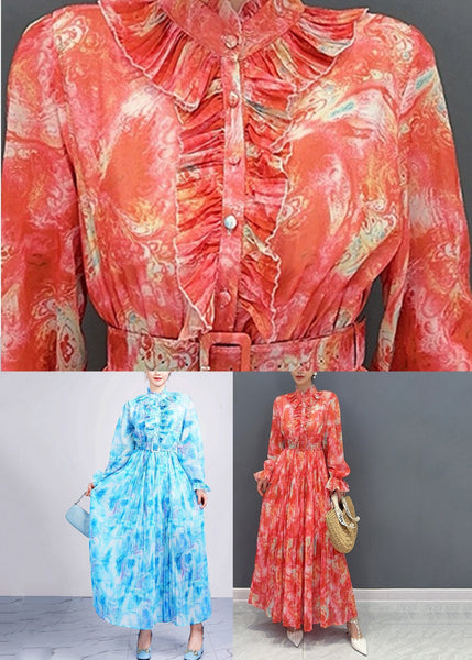 Collar Print Fashion Long Stand Chiffon Sashes Dress Red FashionChic