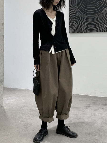 Simple Coffee Elasticity High-Waisted Pockets Pleated Harem Pants WS009 shopify