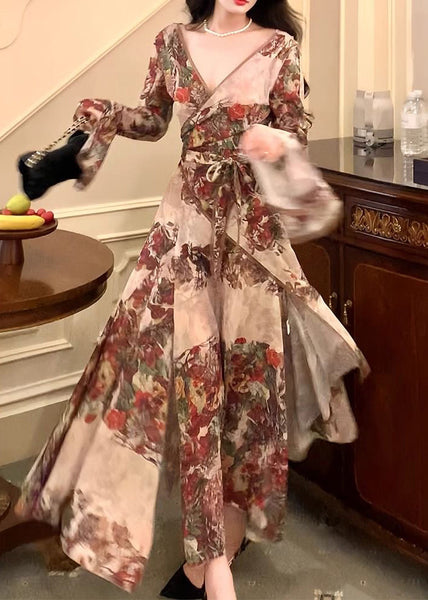 French V Neck Printed Tie Waist Cotton Dress Flare Sleeve TT1039 shopify