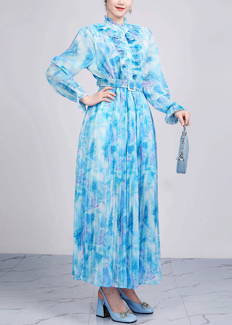 Fitted Blue Ruffled Print Sashes Chiffon Dresses Long Sleeve AO1071 JDML-FDL240909