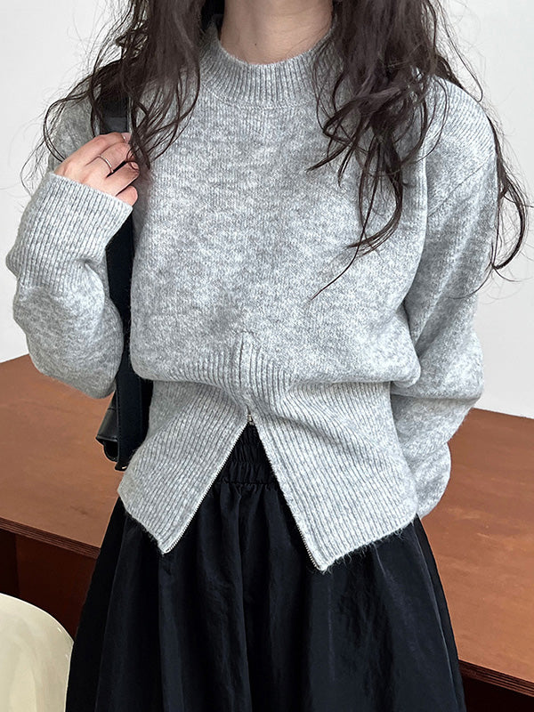 Chic Grey Mock Neck Zip-up Hem Long Sleeve Sweater AN1072 Genistyle Shop