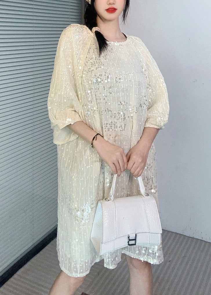 French Apricot O-Neck Sequins Mid Dress Summer AO1066 JDML-SDM240909