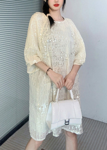 French Apricot O-Neck Sequins Mid Dress Summer AO1066 JDML-SDM240909