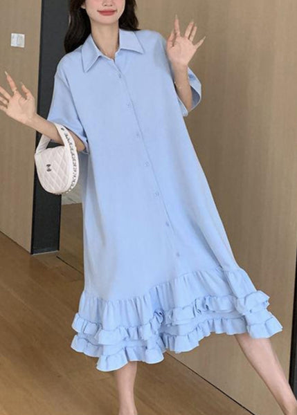 Collar Short Patchwork Dress Peter Maxi Ruffled Blue Women Pan FashionChic