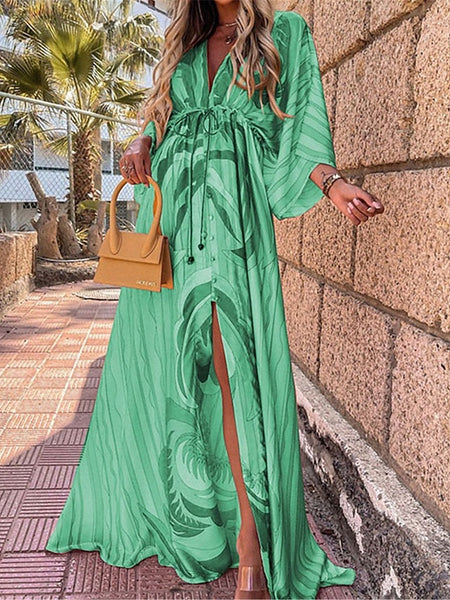 Women's Color Block V Neck Maxi Dress 3/4 Length Sleeve