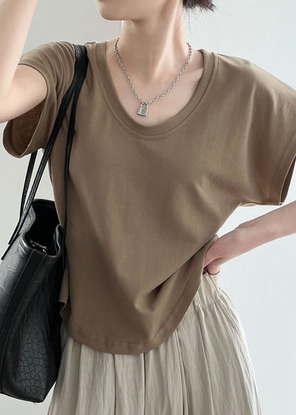 Summer Solid Simple Coffee T Neck O Shirt Cotton FashionChic