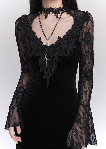 Silk Bohemian Dresses Patchwork Velvet Black Hollow Lace Maxi Out FashionChic