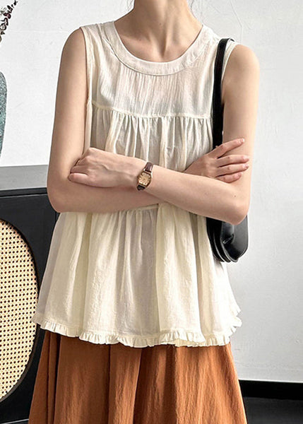 Beige Ruffled Solid Cotton Tops O Neck Summer AF1048 HS-STP240914