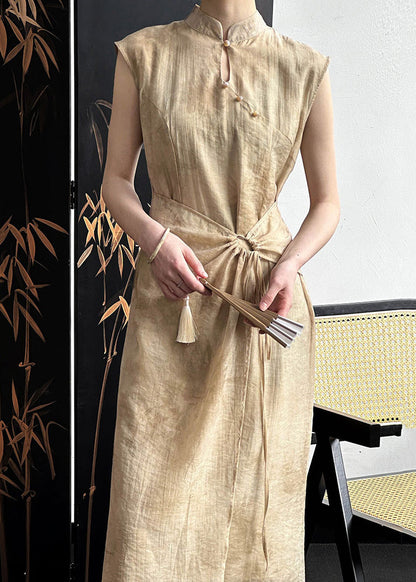 Khaki Drawstring Silk Cotton Long Dresses Stand Collar Sleeveless AF1031 HS-SDL240914