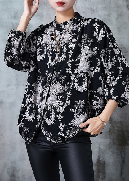 Plus Size Black Stand Collar Print Chiffon Shirts Summer PZGY-LTP240826