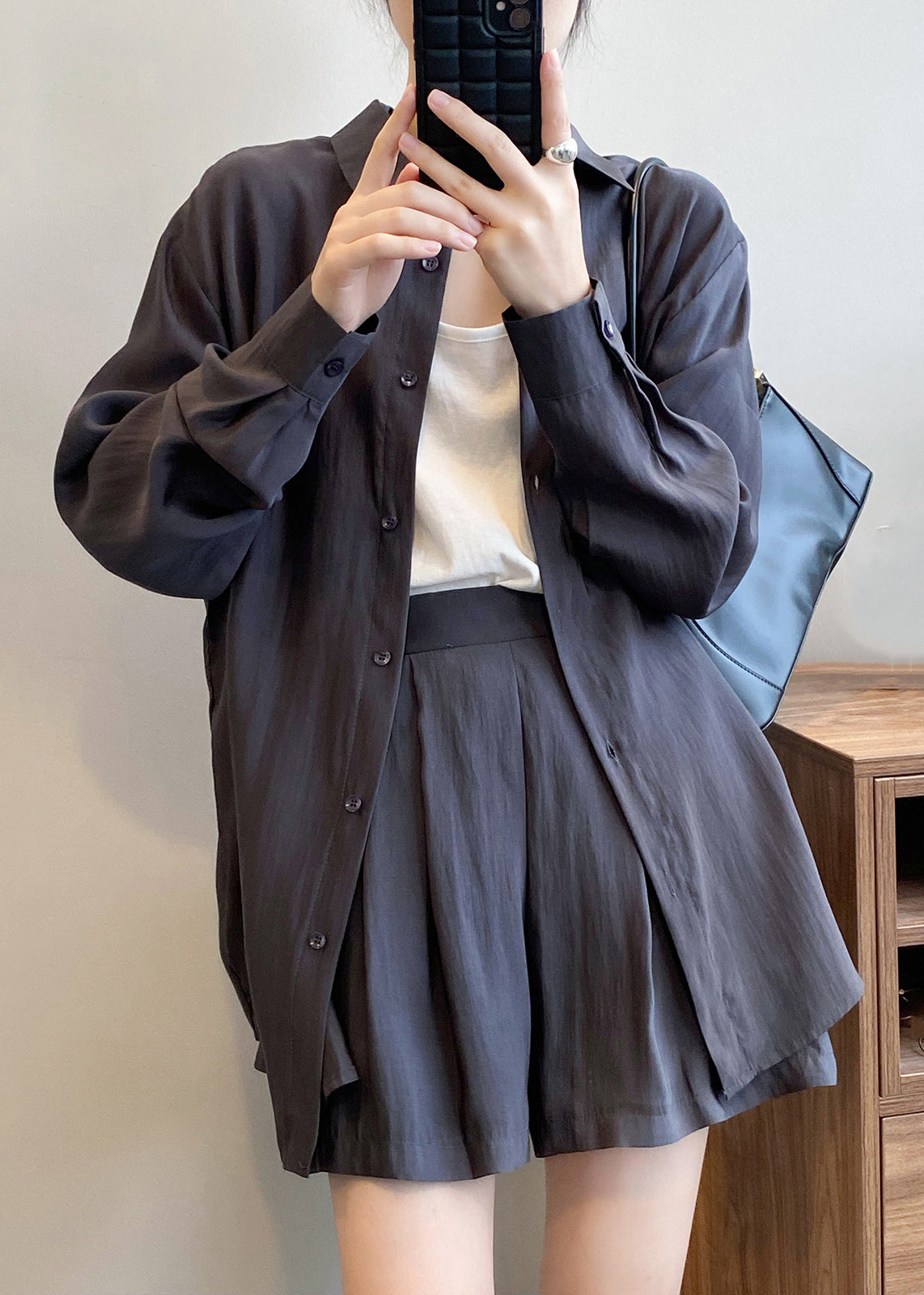 Spring Button Gray Peter Dark Silk Pan Solid Collar Two-Piece Set FashionChic