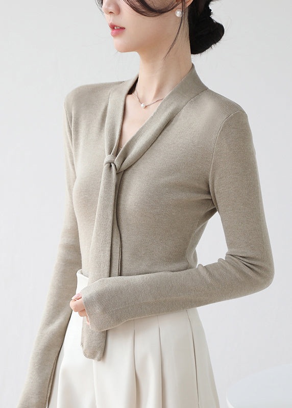 Fine Brown V Neck Lace Up Knit Sweater Fall Winter RV030 ABC