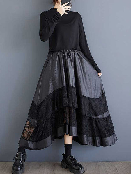 Goth Black Elasticity Layered Irregular Hem Patchwork Lace A-Line Skirt TW023 ABC