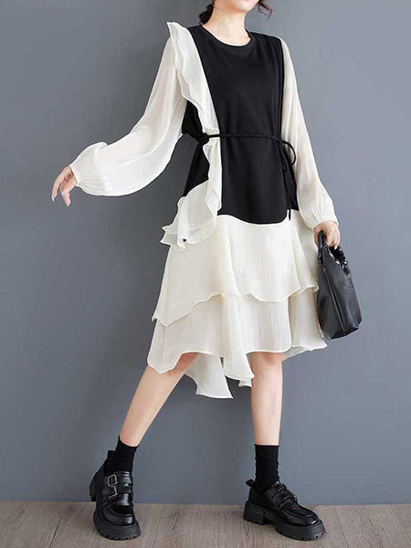 Chic Black Round-Neck Patchwork Contrast Color Ruffle Trim High-Low Long Sleeve Dress TW019 ABC