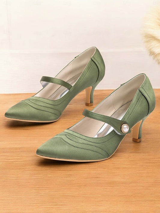 Heels Jane Satin Green Button Pearl - with Elegant Mary FashionChic