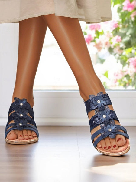 Sandals Women's Rhinestone Floral – Flat Elegant Beige FashionChic