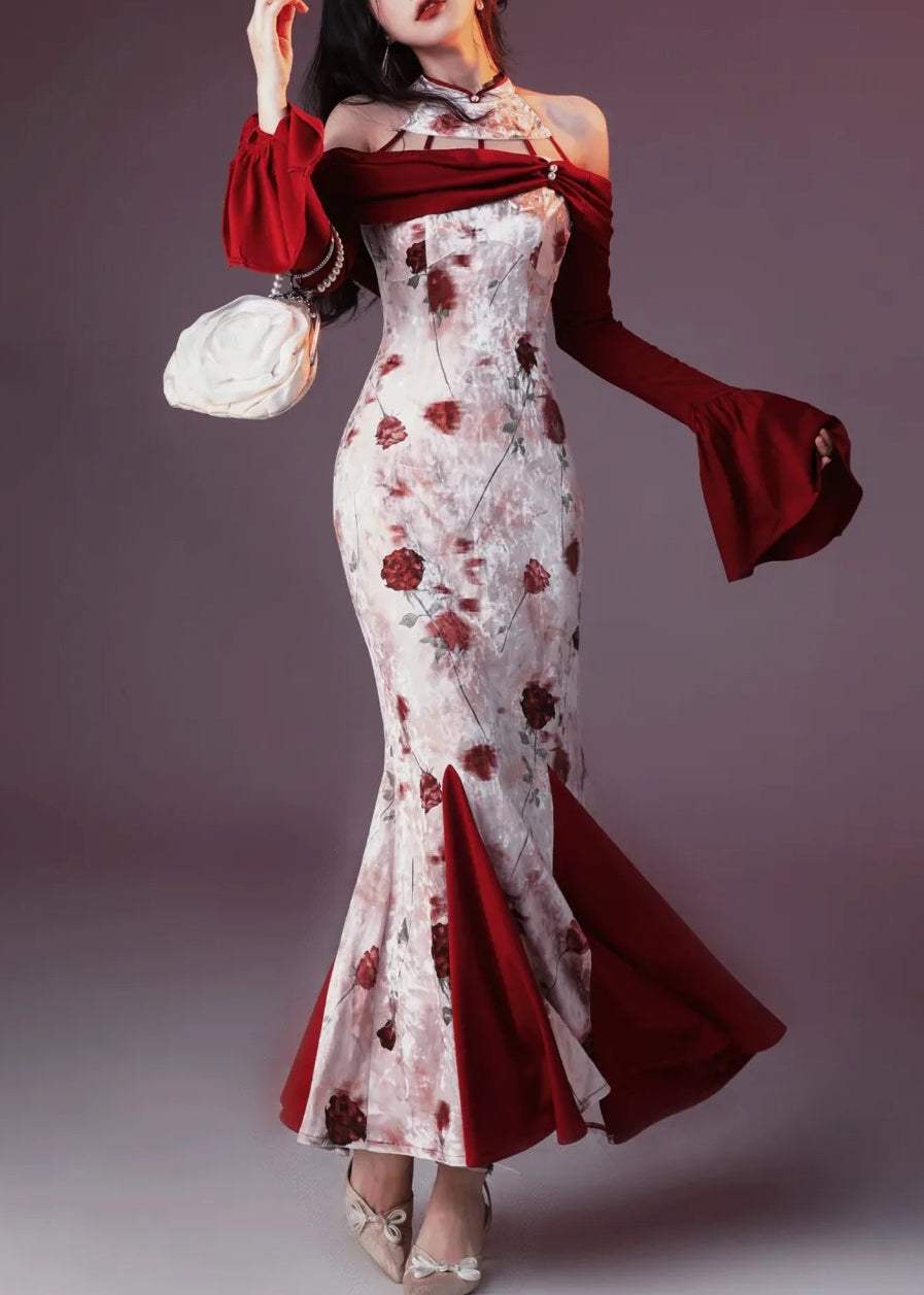 Velvet Print Patchwork Fishtail Chic Silk Red Flare Dresses FashionChic