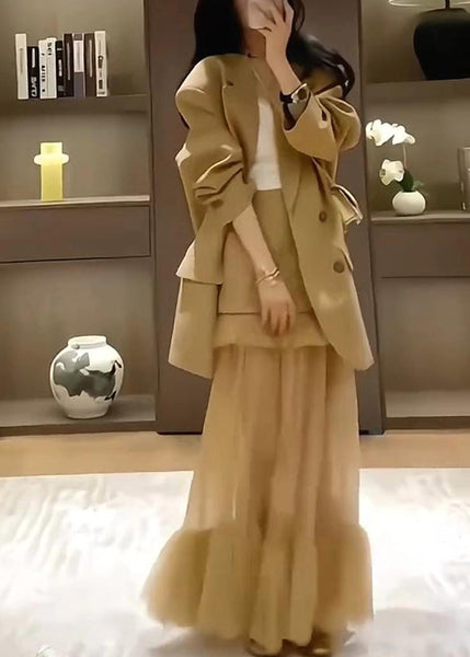 Set Stylish Suit Pieces And Coat Khaki Two Skirts Spring FashionChic