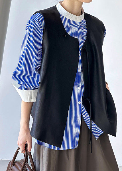 French Black Button Solid Cotton Waistcoat Sleeveless AF1088 HS-CTS240914