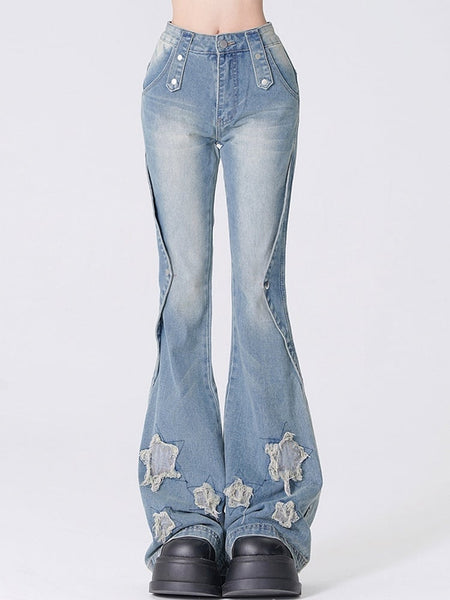 with Appliques Y2K Flare Blue/Black Jeans Star Silhouette FashionChic