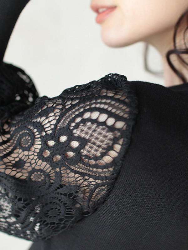 Tempermant Black Round-Neck Patchwork Hollow Lace Long Puff Sleeves Sweater QX011 shopify