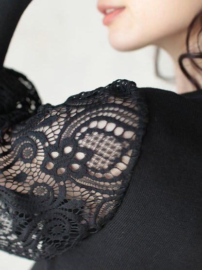 Tempermant Black Round-Neck Patchwork Hollow Lace Long Puff Sleeves Sweater QX011 shopify