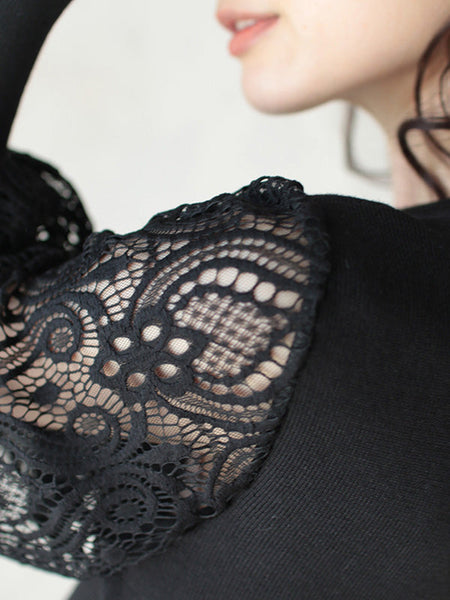 Tempermant Black Round-Neck Patchwork Hollow Lace Long Puff Sleeves Sweater QX011 shopify