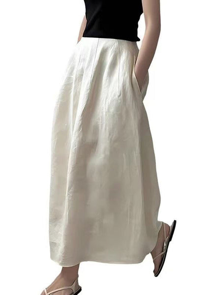 Cotton Beige Solid Pockets High Skirts Summer Waist New FashionChic