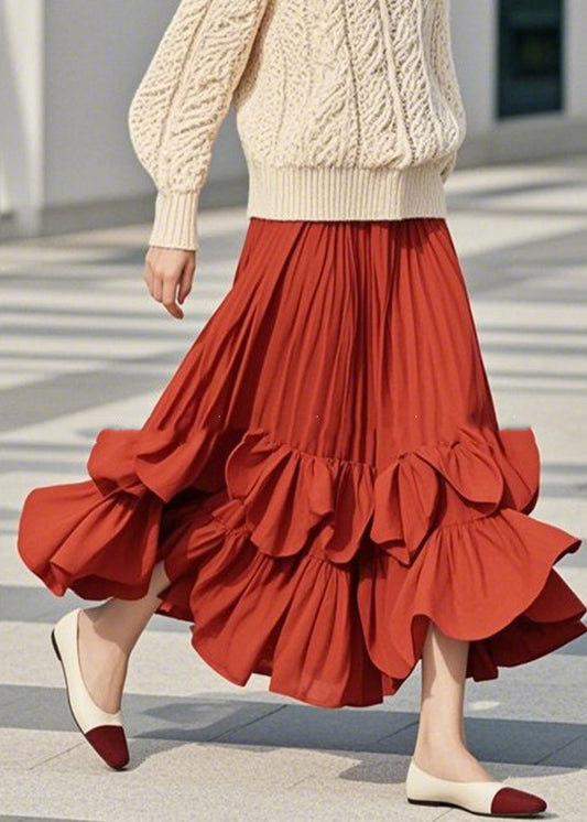 Patchwork A Line DIY Skirts Spring Red Ruffled FashionChic