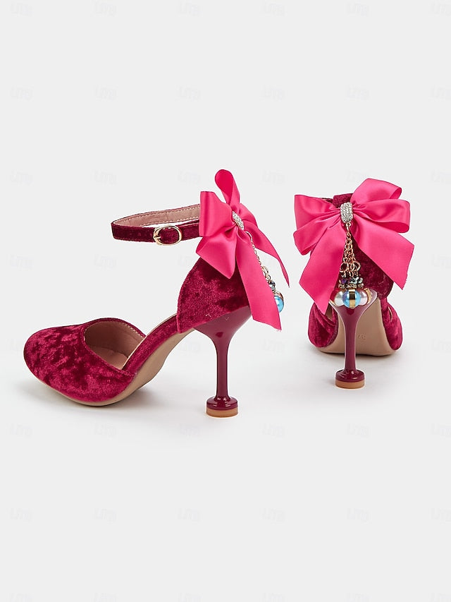 Bow Burgundy Big Velvet Mary and with Women's Heels Jane FashionChic