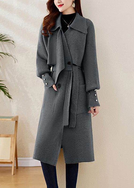 Elegant Grey Peter Pan Collar Tie Waist Knit Coats Winter WD028 OL-NCT241103