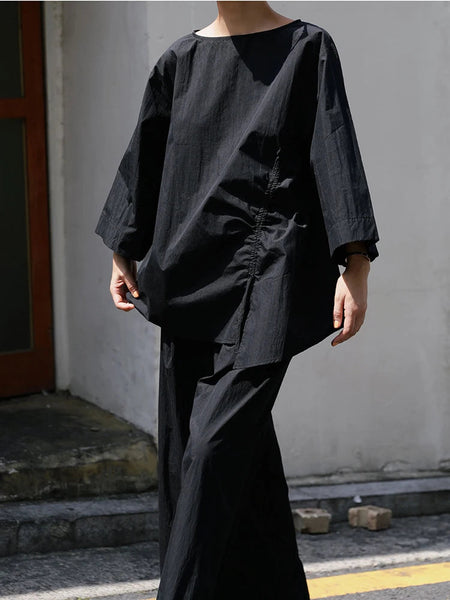 Casual Cotton Top Drawstring Sleeve Khaki Half Asymmetrical FashionChic