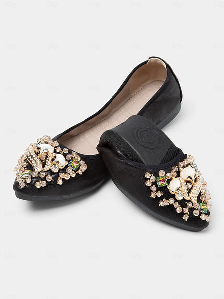 Women's with Black Flats Ballet Rhinestone Foldable FashionChic
