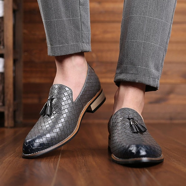 Woven Tassel Black Men's Loafers Detail Leather with Faux FashionChic