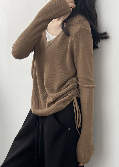 Coffee Cinched Knit Blouses V Neck Long Sleeve AF1092 HS-LTP240914