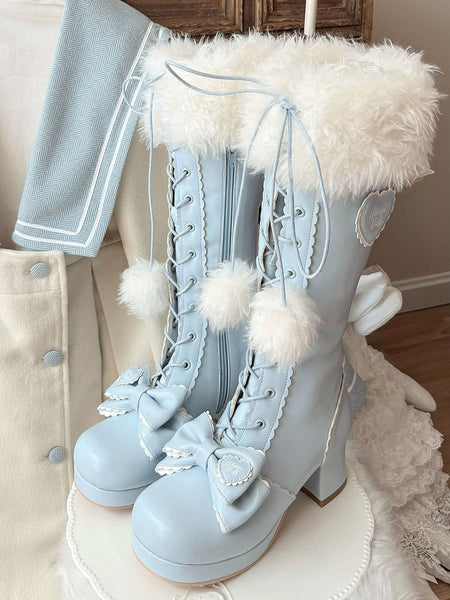 Blue in Plush Knee-Highs Mid-heel Cuff PU with FashionChic