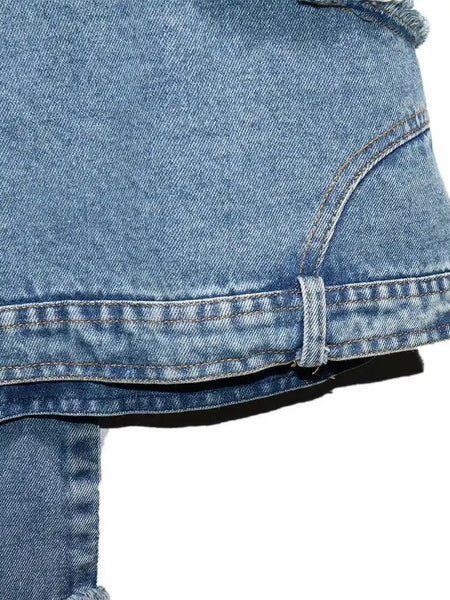 Denim Street Patchwork Sleeve White Short T-Shirt O-neck Hem FashionChic