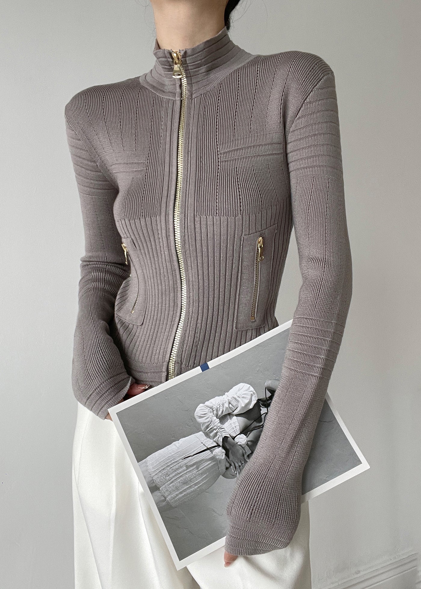 Chic White Stand Collar Zip Up Patchwork Woolen Knit Cardigans Winter RV036 ABC